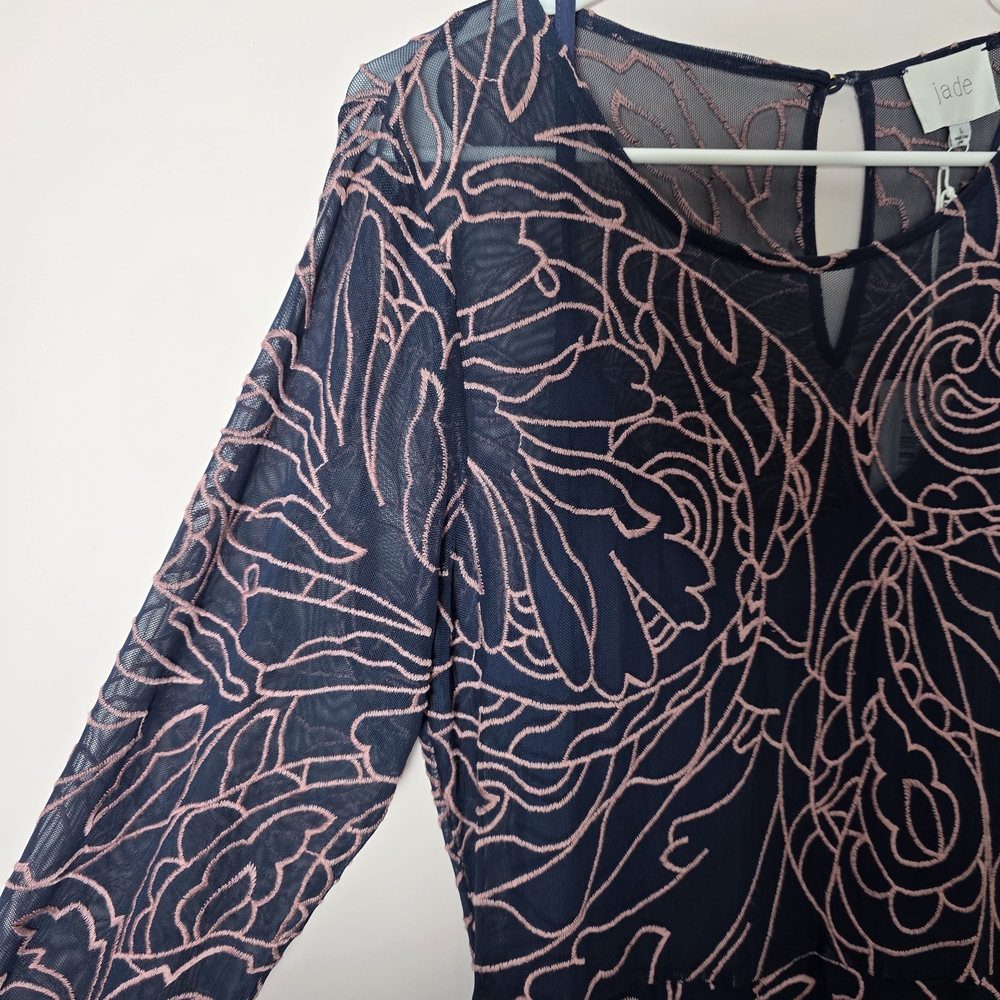 Johnny Was Serena Embroidered Mesh Maxi Dress Navy Pink Floral Long Sleeve Large - Picture 4 of 8
